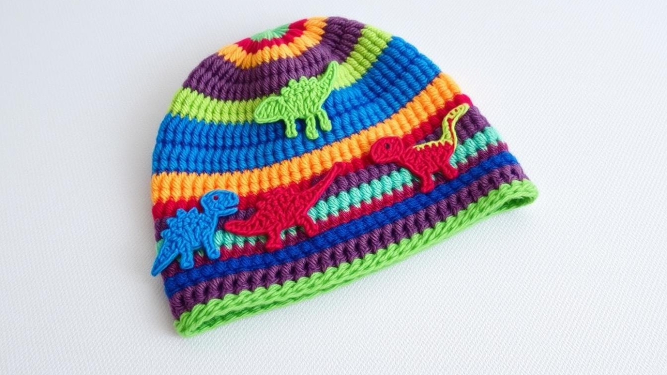 crochet dino stripes hat